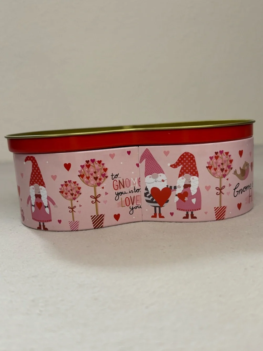 Heart-Shaped Gnome Storage Tin in Pink & Red 